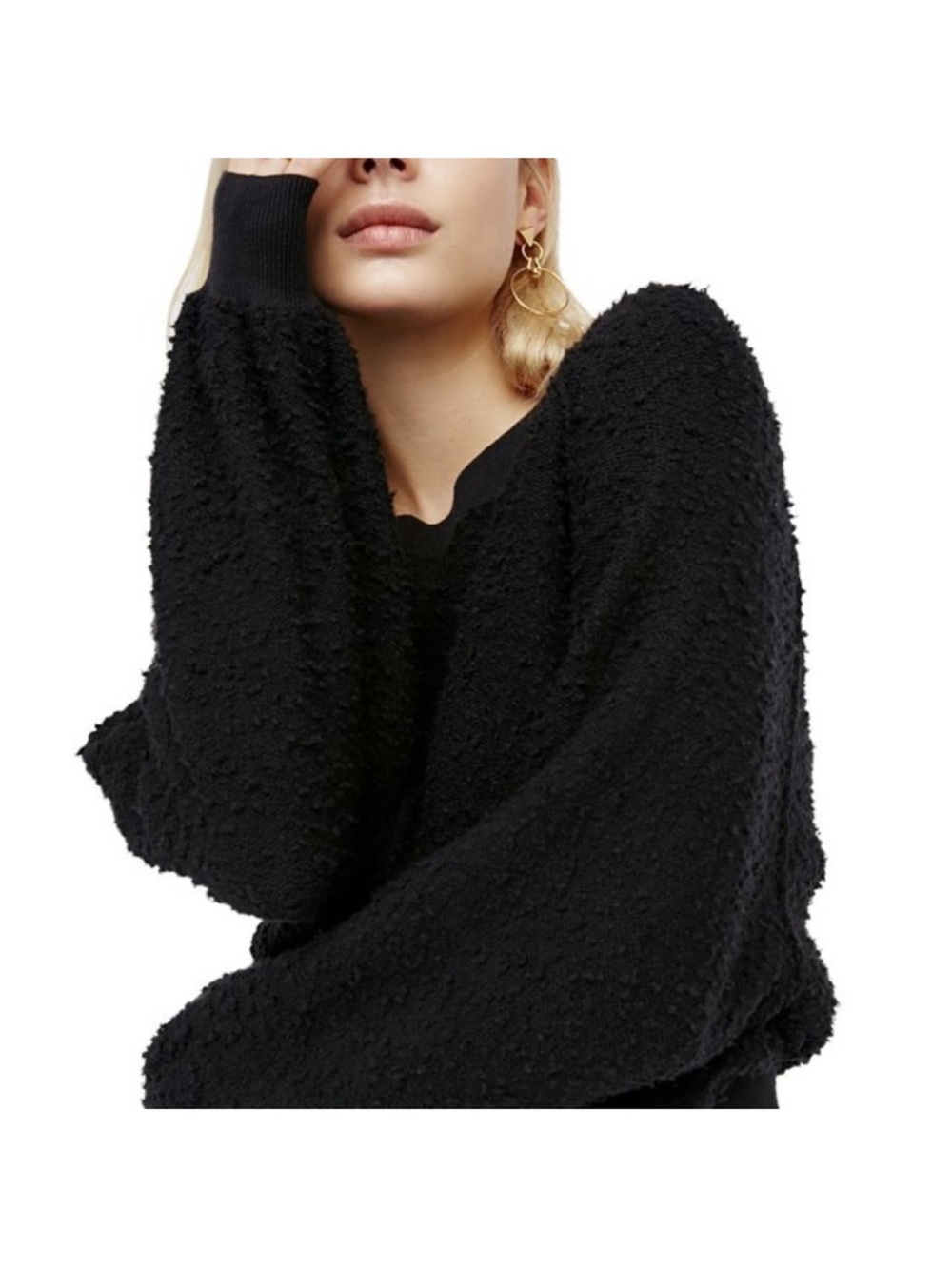 Free People Black Textured Balloon-Sleeve Crew Sweater